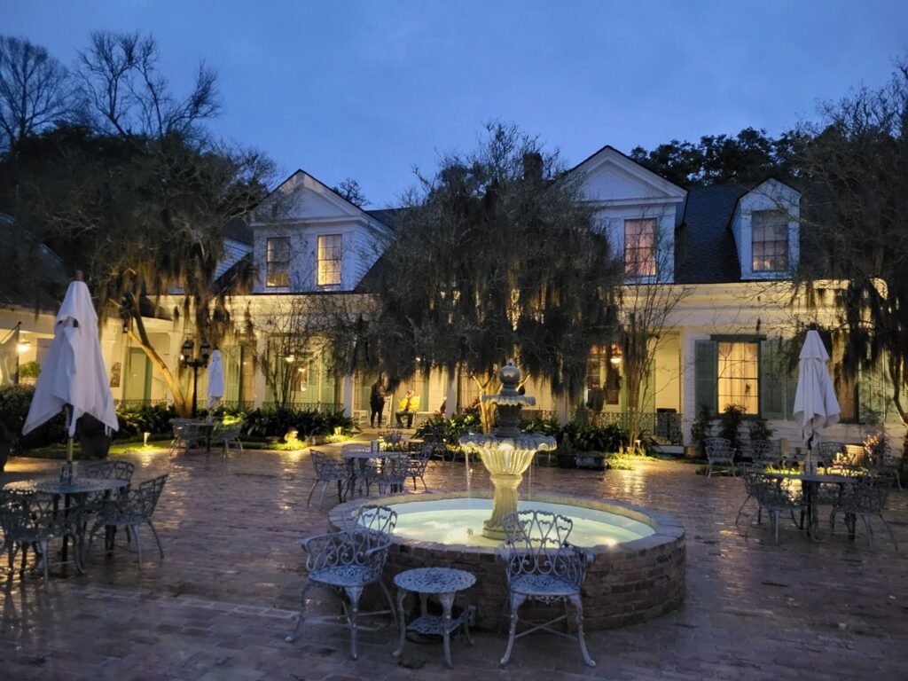 Outdoor tables behind building